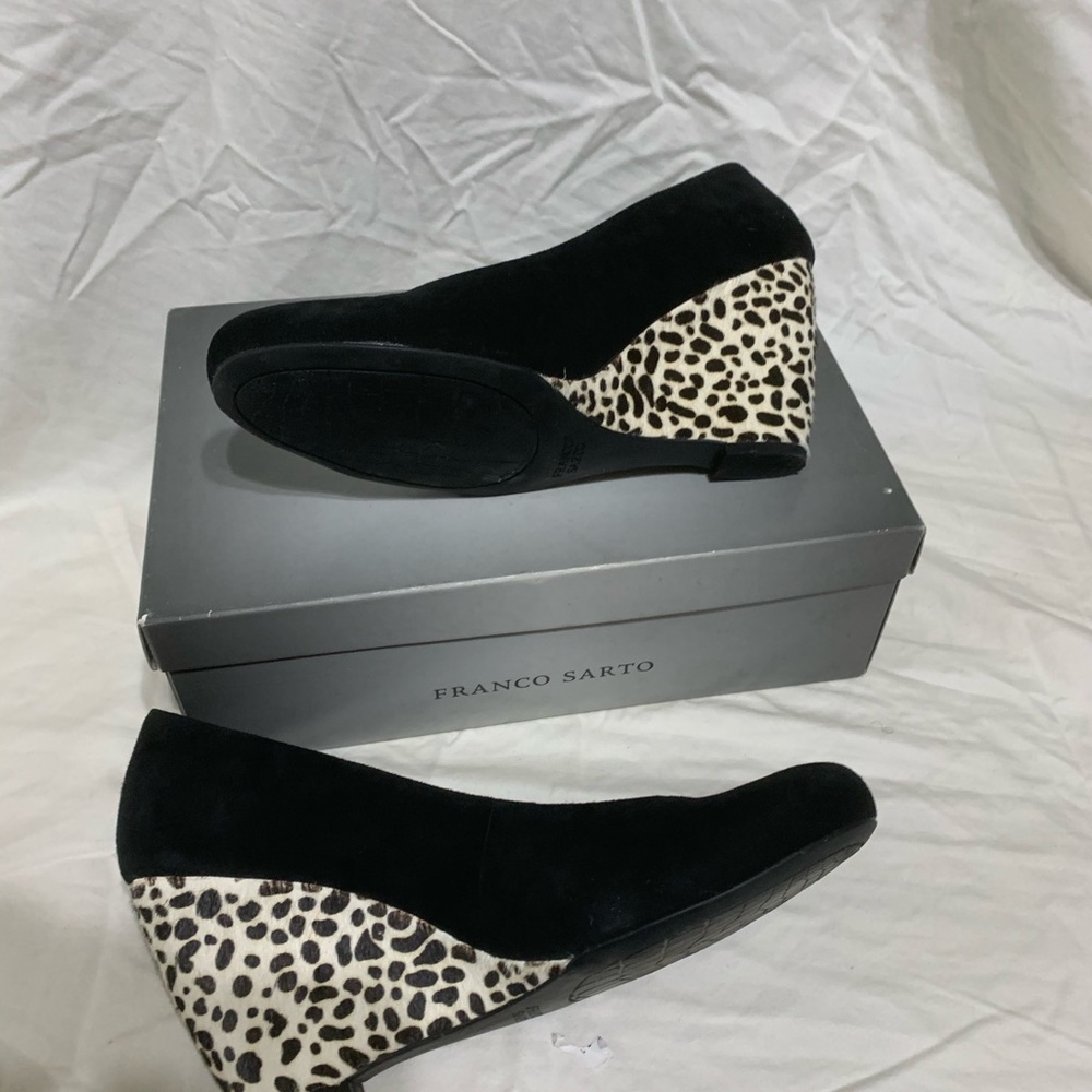 Franco Sarto Black Suede Wedges with Leopard Print Heel